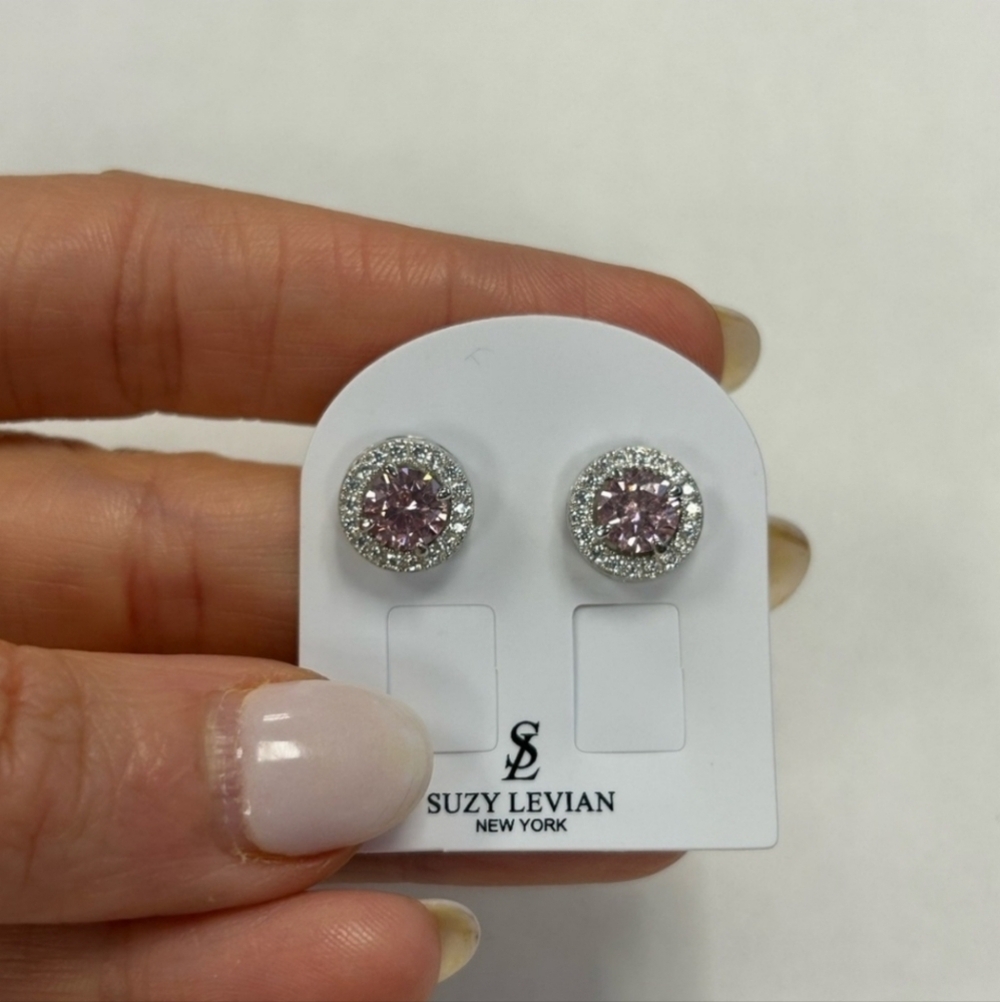 💕▪️Suzy Levian ▪️Sterling Silver  pink +white cubic zirconia Stud Earrings